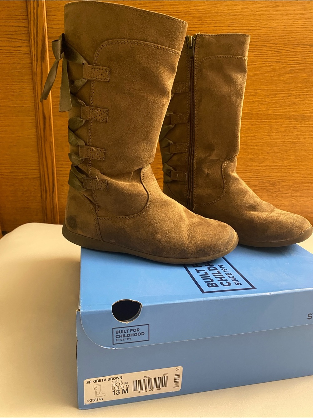 Stride Rite Greta Brown Girls' Mid-Calf Suede Boots with Side Bows
